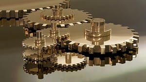 A mechanism of shiny golden cogwheels